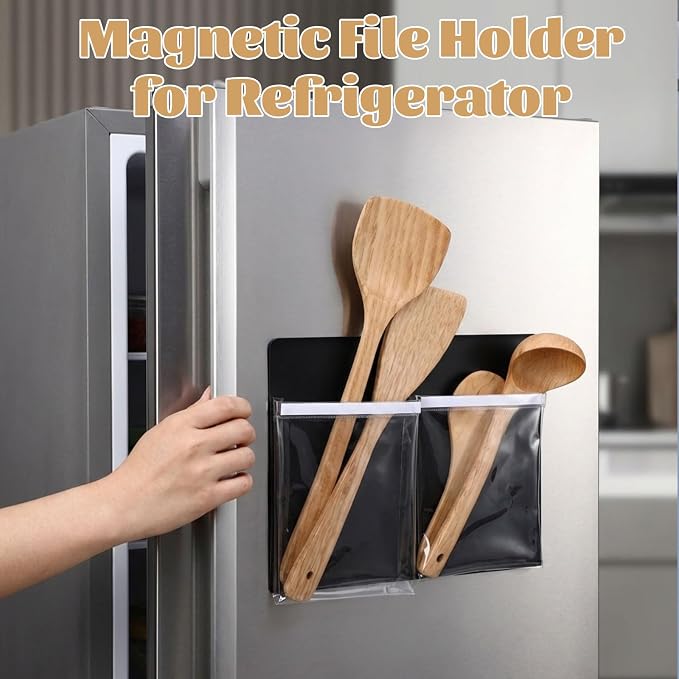 8 Pack Magnetic File Holder for Refrigerator 12 x 9.5 Inch Hanging Paper Organizer Black Board Organizer with 2 Magnetic Pocket Office Supplies Storage for Notebooks Planners Mail Letters - Image 7