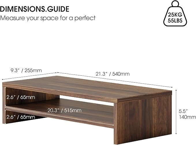 FITUEYES Wooden Monitor Stand Riser, 2-Tier Desk Storage Shelf, Brown | 21.3-Inch Desktop Organizer Fits Laptop, Computer Screen and Office Supplies - Image 3
