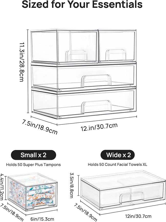 Vtopmart Stackable Storage Drawers Set of 4, Clear Plastic Organizer Bins for Bathroom Supplies,Ideal for Cabinet,Pantry,Laundry Room Organization - Image 2