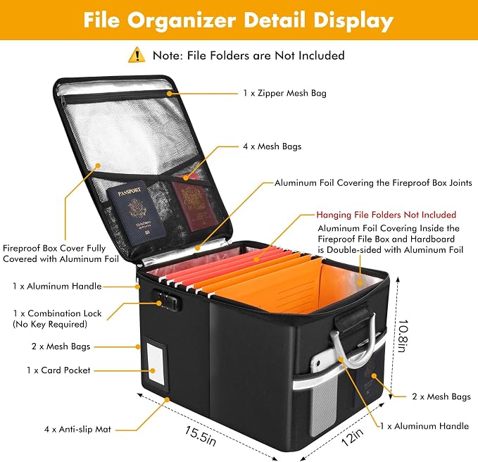 TOMKID Fireproof File Cabinet with Lock, Fireproof Document Organizer Collapsible File Box Filing Cabinet with Handle for Letter Legal Folder Certifications (Orange-Upgrade) - Image 3