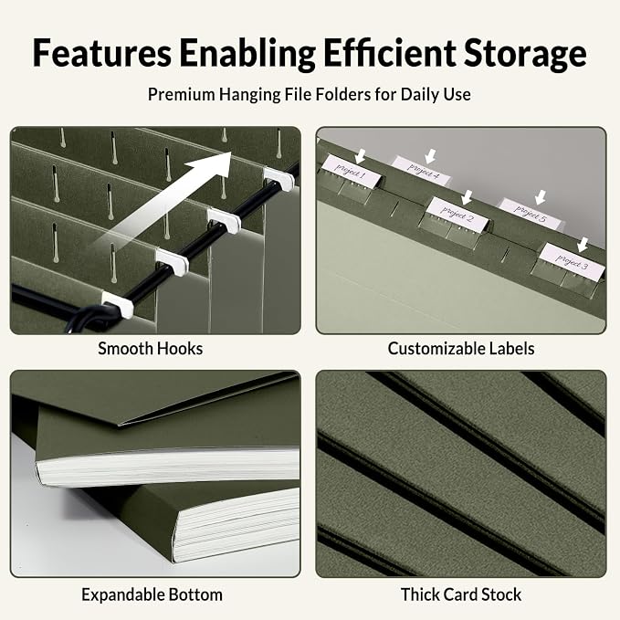 SUNEE Hanging File Folders Legal Size,25 Pack Reinforced Hang Folders, Adjustable 1/5-Cut Tabs, Designed for Bulky Files, Filing Cabinet, Standard Green - Image 4