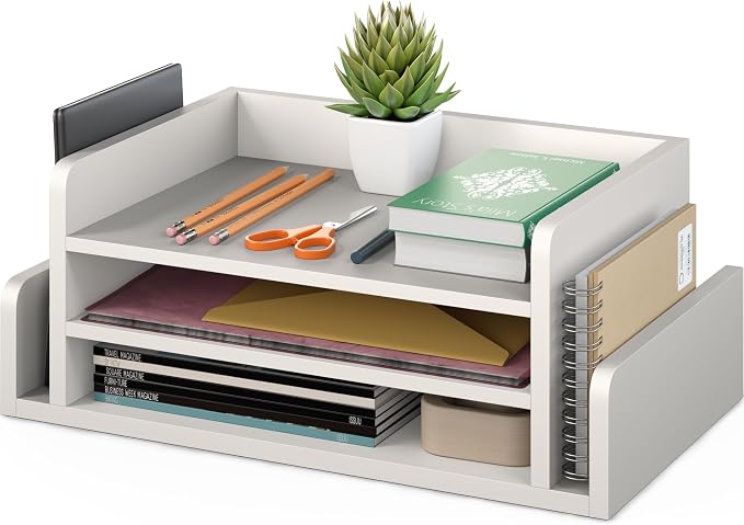 Ballucci 3-Tier Desk Organizer with 2 Side Mail Sorter Slots, Wood Letter Tray, Open Top Paper Organizer, Desktop File Organizer, White - Image 8