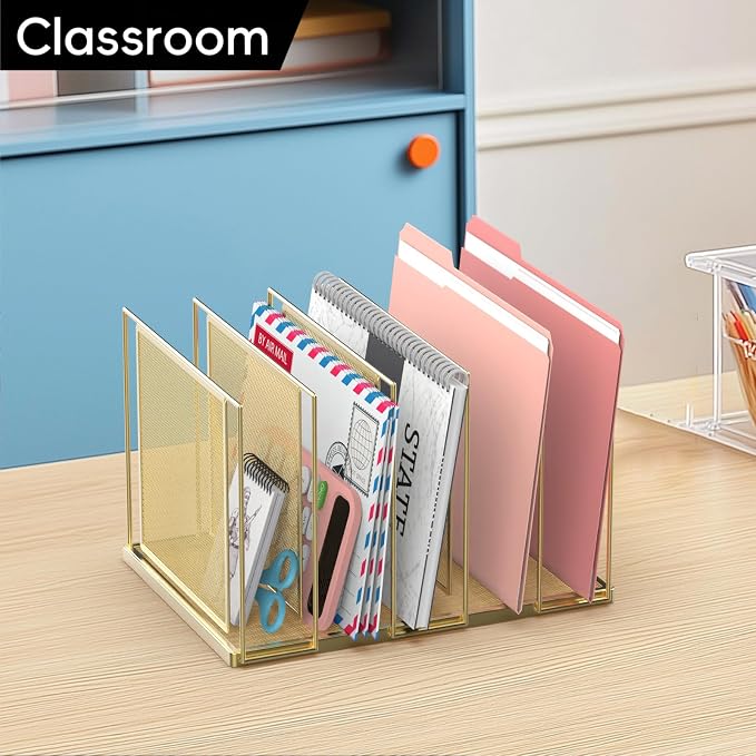 File Organizer for Desk, 5-Section Vertical File Sorter, Paper Holder Organizer Standing Metal File Folder for Office Home Classroom, Gold - Image 9