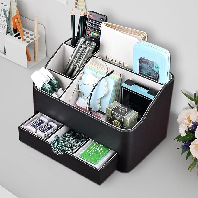 Desk Organizer with Drawer, Multifunction Pencil Holder for Desk, Desk Organizer and Accessories 5 Compartments for Home Office Supplies (Black) - Image 7
