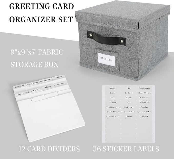 Greeting Card Organizer with dividers - Storage Box with lid Holds 150+ Cards - Assortment Box for Greeting Cards,Recipes, Photos, Envelopes, Keepsake - 9 x 9 x 7 Inches (Gray, 1 pcs) - Image 3