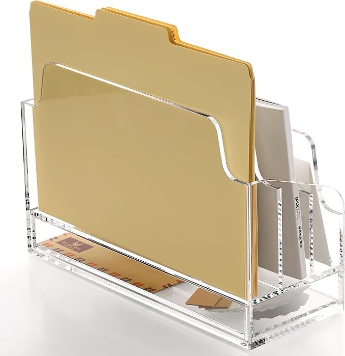 SANRUI Clear Desk Organizer Holder with Drawers, Acrylic File Mail Sorter | 3 Compartments, Desktop Manila Folders Box, Office Desk Accessories & Workspace Envelope Bill Letter Organization Racks - Image 5