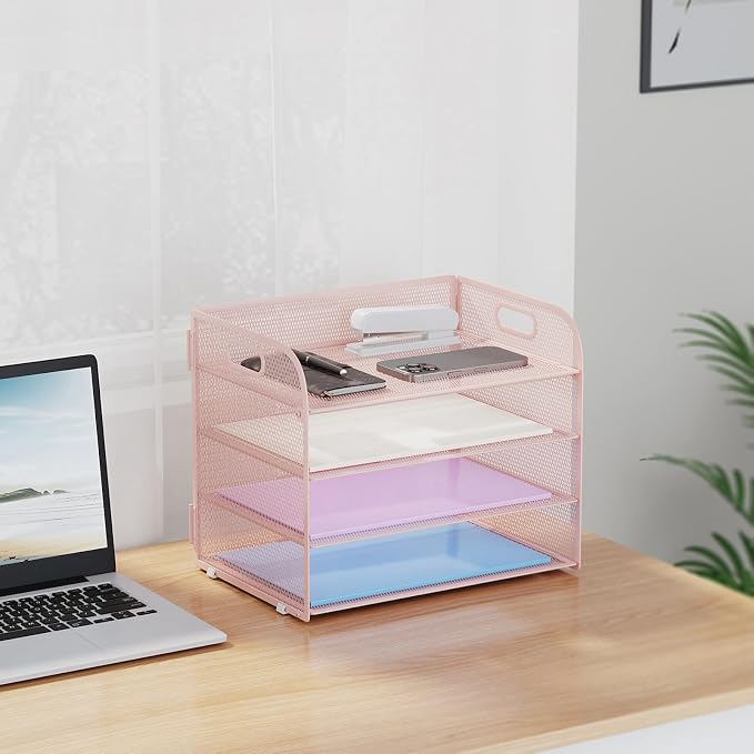Marbrasse 2 Pack 4 Tier Paper Organizer Letter Tray - Mesh Desk File Organizer with Handle, Paper Sorter Organizer for Letter/A4 Office File Folder Holder (Pink, 12.6" x 9.1" x 10.7") - Image 7