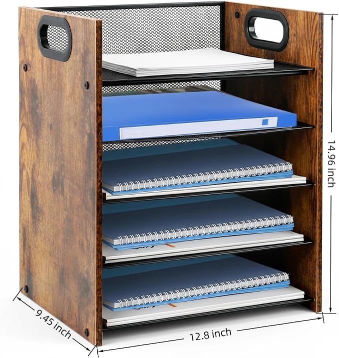Desk Organizer - 5-Tier Desktop File Organizer, Wooden Paper Tray Organizer, Office Desk Organzier and Accessories for Papers, Mail, Notebooks, Stationery - Image 3