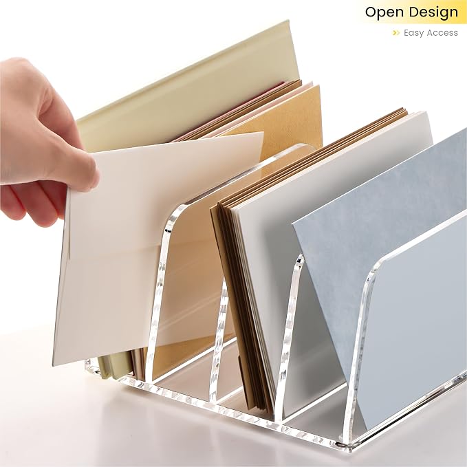 YUXUN Acrylic File Sorter,6.9"x6.6"x3.74",4 Sections Vertical Desk Organizer,Clear Mail Organizer File Holder Stand Rack Desk Accessories for Mail,Envelope,Letter,Notebook for Home/Office/Classroom - Image 6