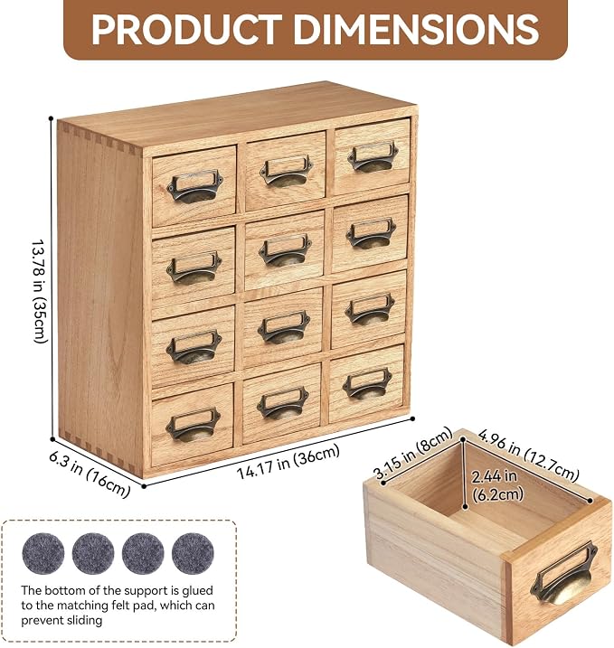 KIRIGEN Wooden Storage Cabinet, 12-Drawer Desktop Organizer Natural 12CG-NA | 12 Mini Drawers with Metal Label Holder Pulls for Cards, Crafts, Tea Bags, Jewelry, Office Supplies, and Small Parts - Image 3