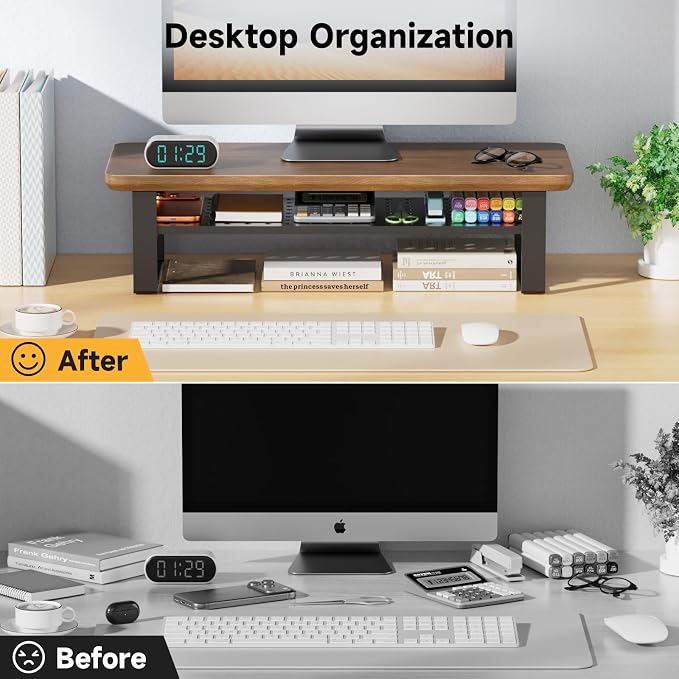 Monitor Stand Riser, 24 Inch Computer Monitor Stand for Desk, 2-Tier Wood Desk Shelf Organizer with Storage, Desktop Stand for Laptop/Screen/PC/Printer, Ergonomic Home Office Monitor Stand - Image 3