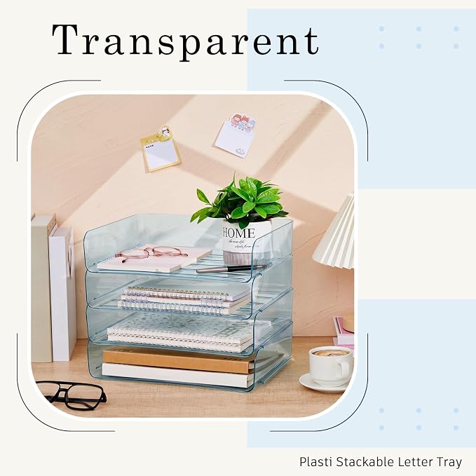 Harloon 4 Tier Clear Blue Acrylic Paper Organizer Letter Tray, Aesthetic Stackable Desk File Organizer Paper Holder Office Tray for A4, Modern Classroom Office Home File Pad Books Notes - Image 5