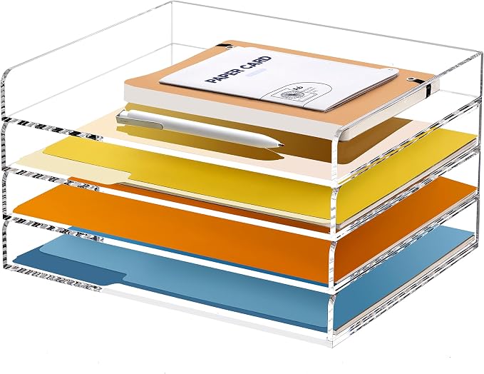 4-Tier Acrylic Stackable Letter Tray Paper Organizer Trays for Desk,Clear | Horizontal File Paper Sorter, Office Supplies Accessories Storage for Letter/A4 Size Folders Documents 12.4inx8.86inx6.65in by SANRUI