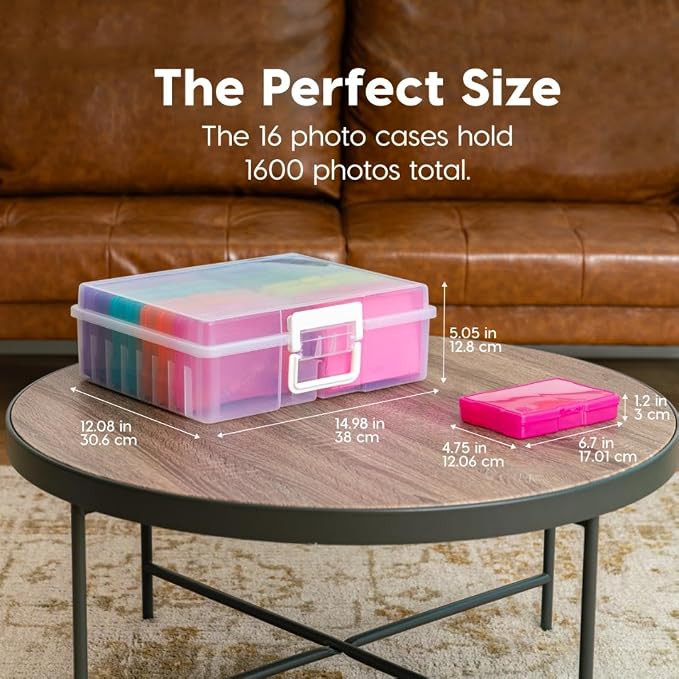 IRIS USA Photo Storage Box |Made in USA| 16 Cases - (2-Pack) - Clear/Multi | Fits 4" x 6" Pictures / Built-In Handle / Organizing Containers for Tasks, Stickers, Ephemera & Flashcards - Image 3