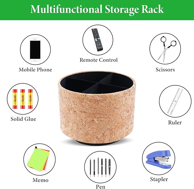 Round Leather Art Supply Organizer,Remote Control Holder,360 Degree Spinning,Multi-Functional Pencil Holder,4 Compartments Desktop Stationary Organizer(1-Wood Leather Gold)