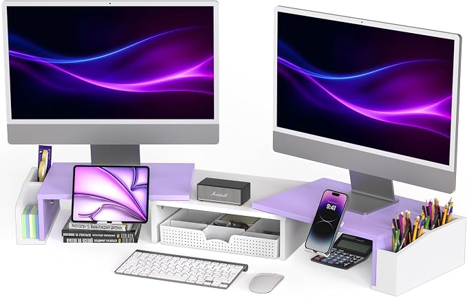 Simple Houseware Desk Dual Monitor Stand Riser with Drawer, Purple | Customizable Organizer Tray, Built-In Phone & Tablet Slot and Side Storage by SimpleHouseware