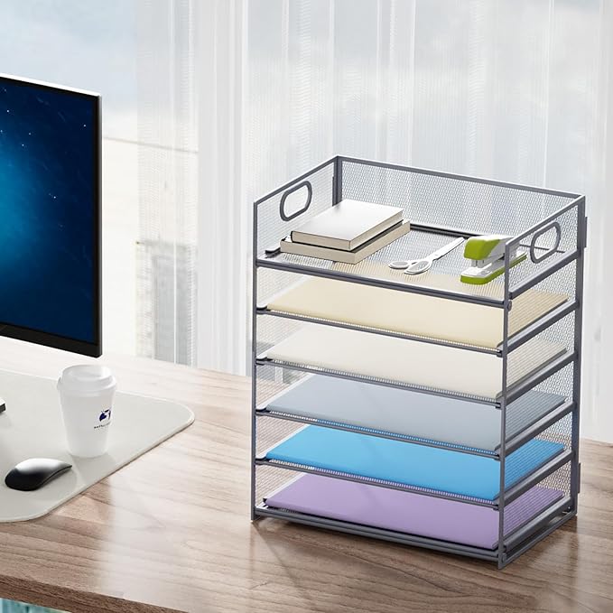 Marbrasse 6 Tier Paper Organizer Letter Tray - Mesh Desk File Organizer with Handle, Paper Sorter for Letter/A4 Office File Folder Holder - Grey - Image 6