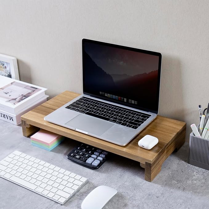 MyGift Premium Acacia Solid Wood Desk Monitor Stand, Laptop Riser & Keyboard Storage – Wooden Desktop Organizer for Screen Display and Workspace Organization - Image 4