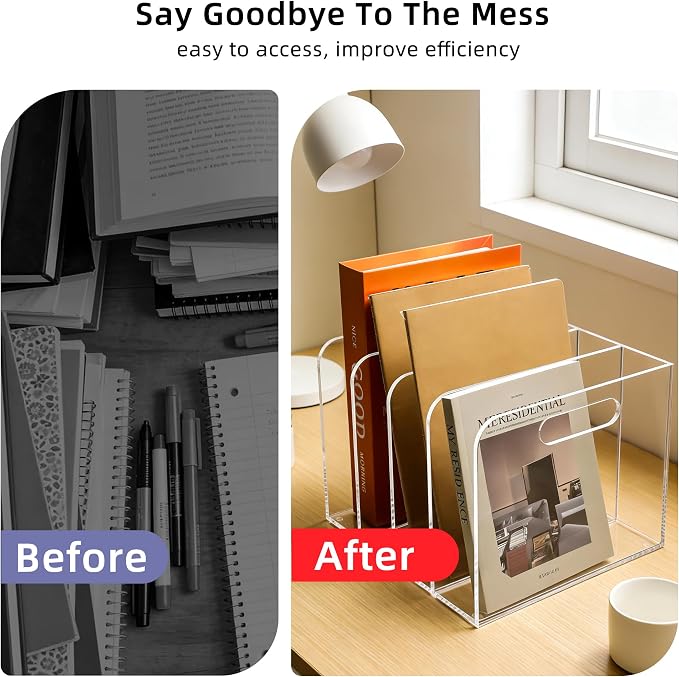 5mm Acrylic Magazine File Holder, 4 Compartment Desk Organizer | 4 spacious vertical compartments hold magazines, files, books & more. 5mm thick clear acrylic, non-slip base. No assembly. - Image 9