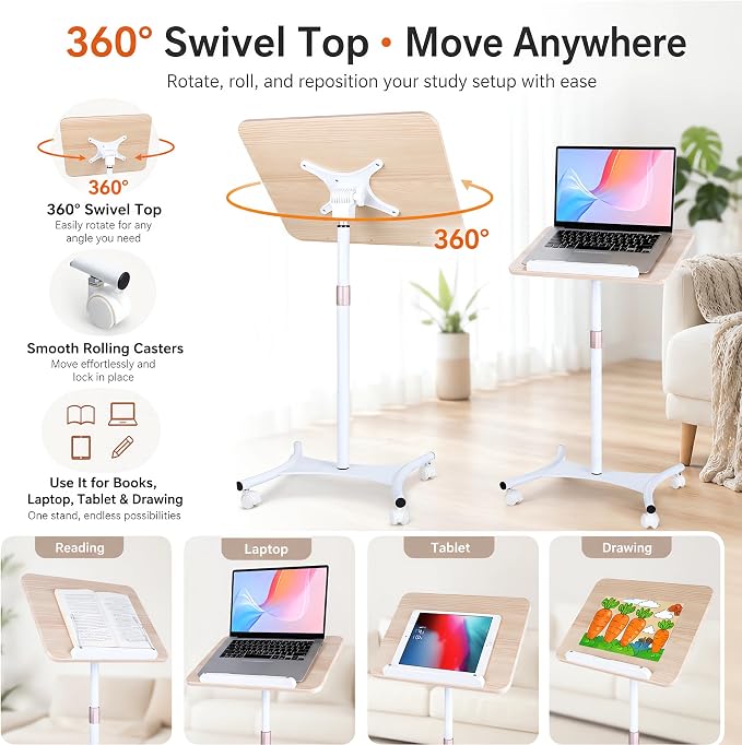 Rolling Floor Book Stand with Wheels, Reading Stand Book Holder | 16.5 x 11.8 in large panel | 19–57 in height adjustable| 360° angle | Lockable wheels | For books, sheet music, laptop - Image 5