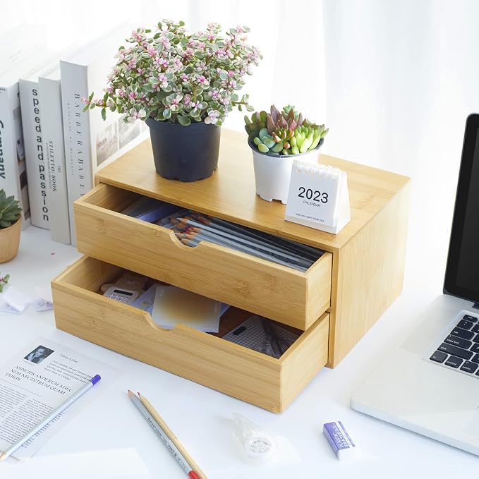 Charmewooden Bamboo Desk Organizer With Drawers Countertop Drawers Counter Storage Box Corner Desk Organizer for Home Office No Assembly Required (2 Drawers) - Image 2