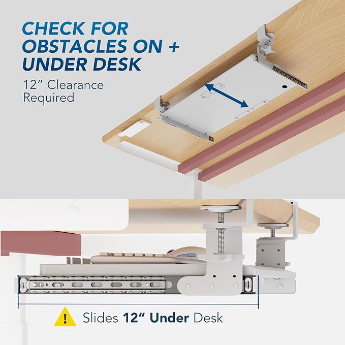 Keyboard Tray Under Desk Pull Out with Extra Sturdy C Clamp Mount System, 27.3 (32.5 inch Including Clamps) x 11 Inch Slide-Out Platform Computer Drawer for Typing White AX01WW01 - Image 6