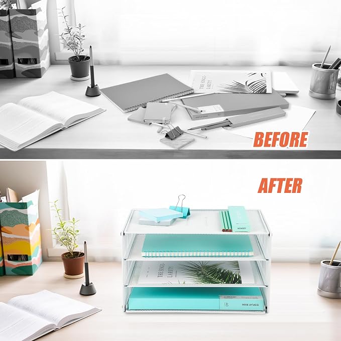 3 Tier Mesh Desk Organizer Tray, Desktop Mail File Paper Letter Folder Holder Sorter Organization Rack Storage Accessories for Office Home School Classroom, White - Image 3
