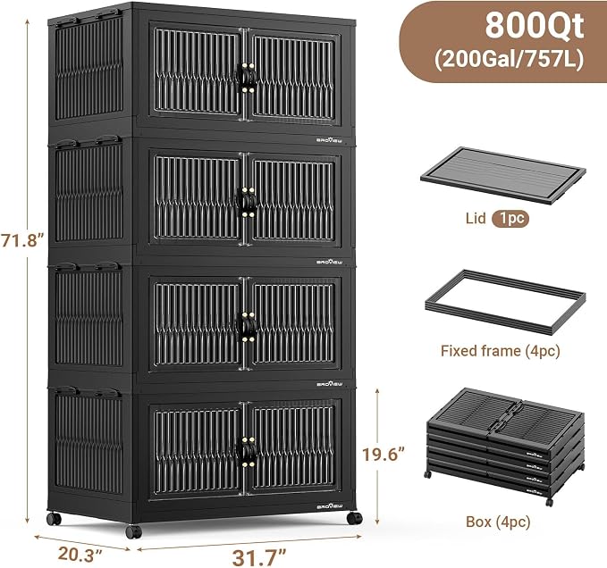 BROVIEW 800Qt Extra Large Stackable Storage Bins with Lid, Closet Organizer Collapsible Drawer Boxes with Wheels, Folding Plastic Cabinet Containers for Home Kitchen Room Organization, 4Pack Black - Image 2