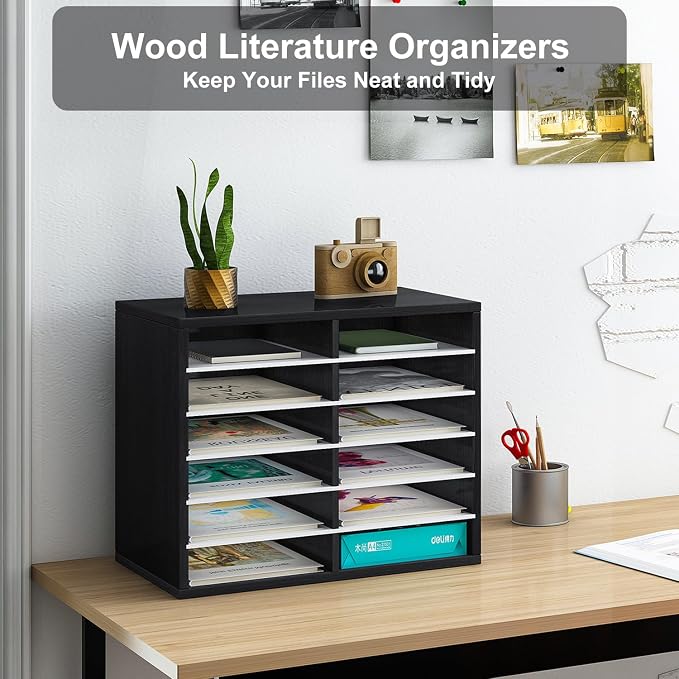 Countertop Mail Sorter Organizer, Wooden Literature Organizer, Student Mailbox for Classroom, Desktop Bill Organizer for Office Home School, 12 Compartments, Black&White - Image 3