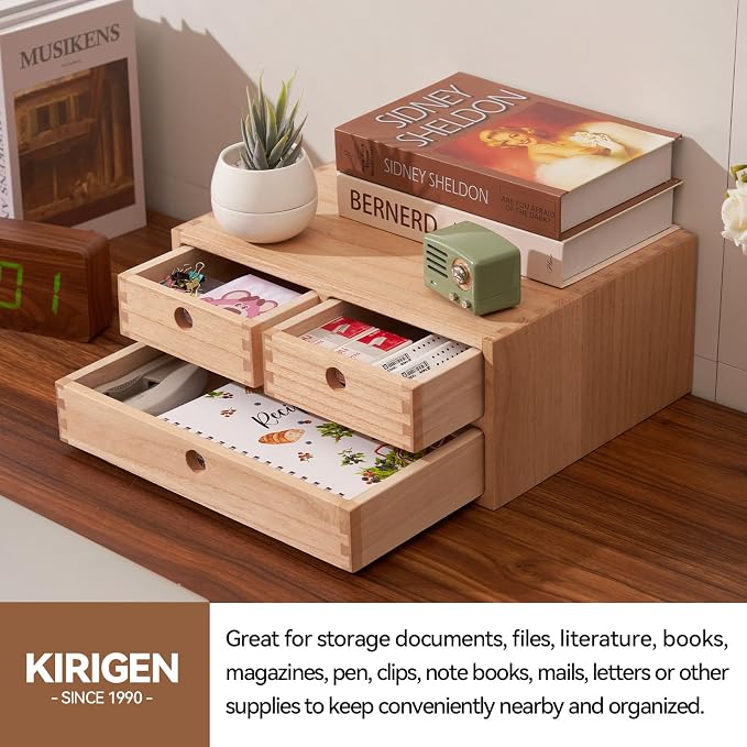 KIRIGEN Wood Desk Organizer with 3 Drawers, Desktop Storage, Natural 23-NA | Wooden Desktop Drawer Hold A4 Papers, Stationery, Jewelry, and Makeup, Fully Assembled for Home Office - Image 4