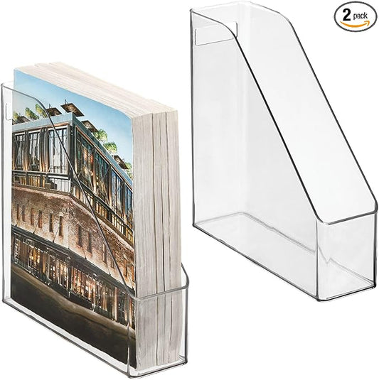 mDesign Plastic Slim Vertical File Folder Storage Organizer Bin with Handle - Hold Notebooks, Binders, Envelopes, Magazines for Home Office, Work Desktops, Ligne Collection, 2 Pack, Clear by mDesign