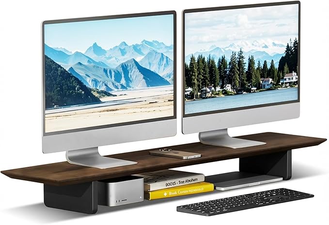EXPERLAM Solid Wood Dual Monitor Stand Riser, 43 Inch Rubberwood Desk Shelf for Top of Desk, Wood Monitor Stand for Desk 2 Monitors up to 27", Desktop Organizer for Laptop, TV, Printer by EXPERLAM