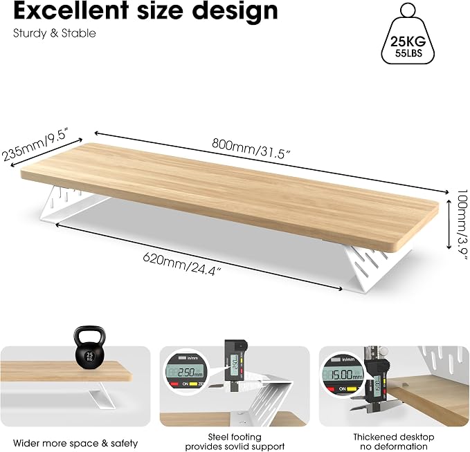 Fenge Monitor Stand Riser, Wooden & Metal Desk Shelf Organizer, Oak | 31.5in Computer Stand, Single Monitor Setup, for Compact Work Station, Multifunctional Monitor Shelf for Laptop, PC, Printer - Image 5