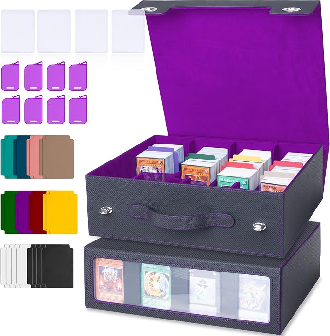 4-Row 3000+ Trading Card Storage Box for MTG, Card Deck Box with Snap-fit Design, 4 Card Sleeves, 8 Stoppers, 24 Dividers (4-Rows Black-Purple) by Sesmez