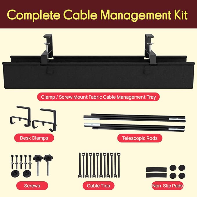 Pyle 36" Under Desk Cable Management Tray, Under Desk Wire Organizer with Clamp or Screw Mount, Desk Cable Organizer with Fabric Design for Large Workstations, Built-in Ties, 20 lb Capacity, Black - Image 8
