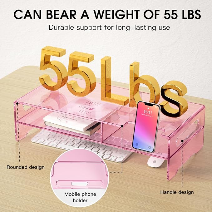 Pink Acrylic Monitor Riser, 2-Tier Desk Computer Stand With Storage & Phone Holder | Clear Computer Monitor Stand for Desk,Handheld Function Easy Mobility,16 in Wide for Laptop, Printer,Screen,Desktop Organizer - Image 5