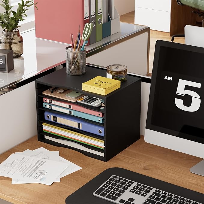 Bamjoy Wood 5 Tier Desktop Organizer, Paper Organizer Mail Sorter, File Holder Letter Document Storage with Adjustable Shelves for School Home Office, Black - Image 6