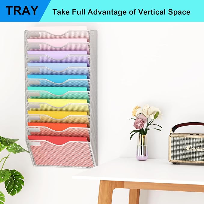 10 Pockets Mesh Hanging Wall File Holder Organizer Wall Mounted Paper Magazine Rack, Silver - Image 7