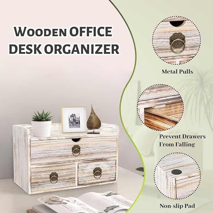 Wood Desk Organizer with Drawer, Vintage Brown Wooden Desktop Organizer, Tabletop Storage Organization Box for Countertop, Home Office Supplies, 13.5x6.6x8.2 Inch(3 Drawer and Shelf) - Image 5