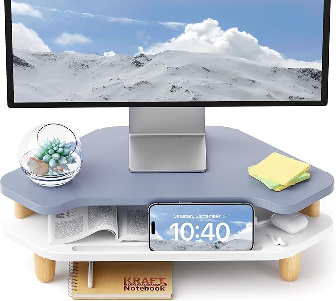 AFOOYO Monitor Stand Riser,2 Tier Corner Wood Sturdy 16.5In Computer Stand, Multi-Purpose Desktop Storage Stand for Laptop,PC,iMac,Printer,Computer,Blue by AFOOYO