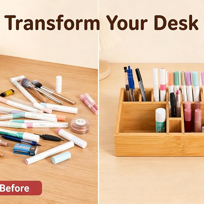 2 Pack Small Bamboo Art Supply Organizer | Art Supply Holder & Office Storage Caddy, For Colored Pencils, Crayons, Paintbrushes - Image 5
