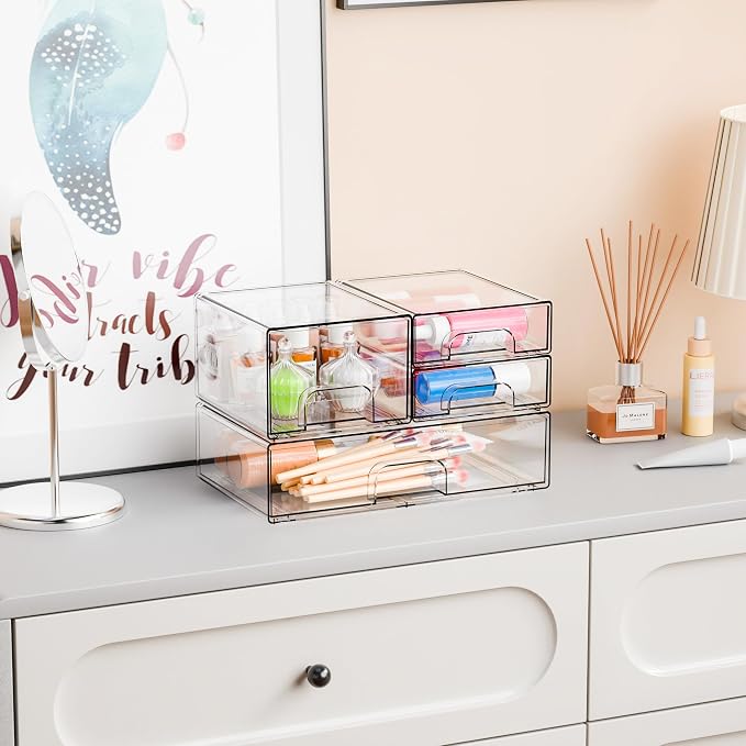 4 Pack Clear Stackable Storage Drawers,Acrylic Drawer Organizer for Medicine,Palettes,Hair Accessories and Makeup Organizer,Plastic Drawers for Cabinet,Office,Desk,Bathroom Storage Containers - Image 8