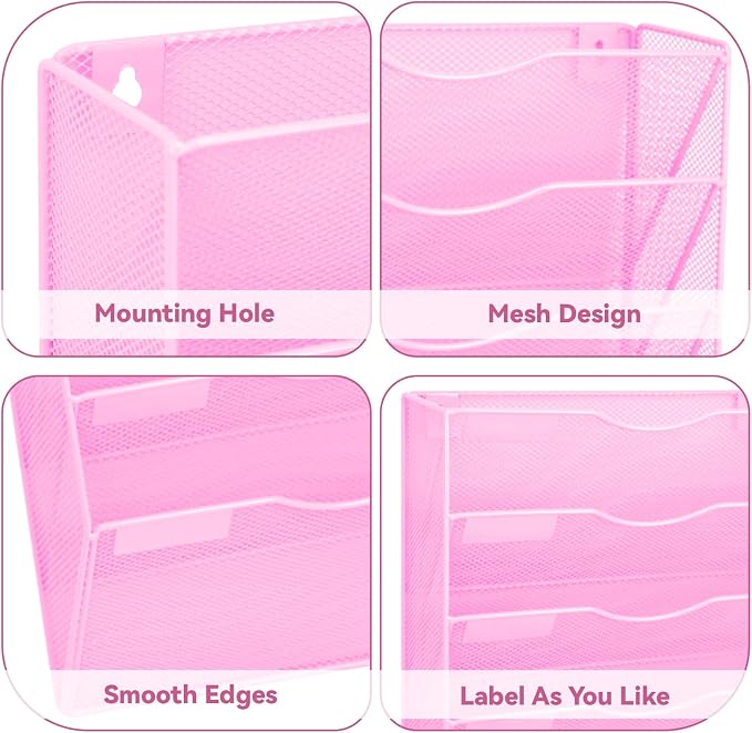 5 Pockets Mesh Wall File Holder Organizer Office Hanging File Folder Magazine Rack, Nametag Label Hooks Set Included (Pink) - Image 3