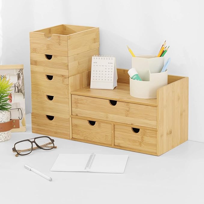 Bamboo Desk Organizer with Drawers, 3-Drawer Desktop Storage Box | 3 Drawers Open Top Tray Fully Assembled Stores Pens, Notes, Makeup, Jewelry & Toiletries for Office, Vanity & Bath - Image 6
