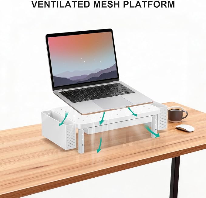 WALI Computer Monitor Stand with Storage, Desk Organizer with Drawer and Pen Holder, Desk Monitor Riser 3 Height Adjustable, Laptop Riser for Computer, Laptop, Printer(PTT003-W), 1 Pack, White - Image 4