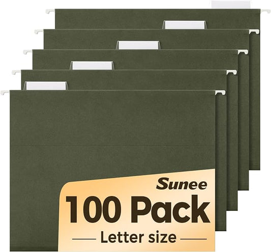 SUNEE Hanging File Folders, 100 Pack Reinforced Hang Folders Letter Size, Adjustable 1/5-Cut Tabs, Designed for Bulky Files, Filing Cabinet, Standard Green by SUNEE