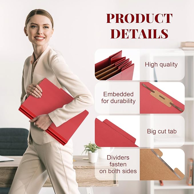 Skyygemm 48 Pcs Classification Folder Letter Size, 3 Divider File,Red | Back to School Supplies, Pressboard File with Fastener, Expanding Organizer Bulk for School Teacher, Office Employee, Staff - Image 5