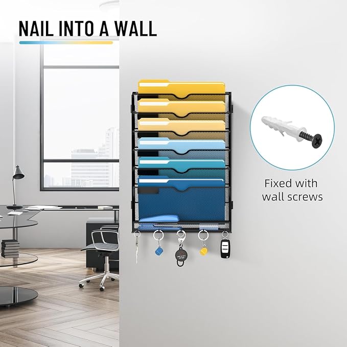 7-Tier Hanging Wall File Organizer with Hooks, 2 Pack | Mesh Wall File Holder, Mail Organizer Wall Mounted for Papers, Documents, Folders and Magazines in Home Office, Classroom - Image 5