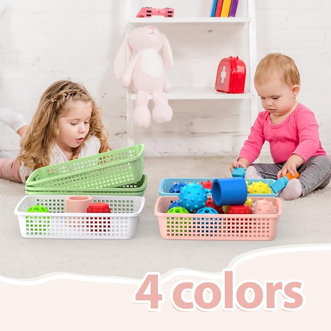 8 Pack Classroom Storage Baskets 15''x10''x3'' Large Plastic Paper Trays with Handle Letter Size A4 Paper Toy Basket Turn in Trays for Library Office Desk Drawer Organizing (8, Pastel Color) - Image 4