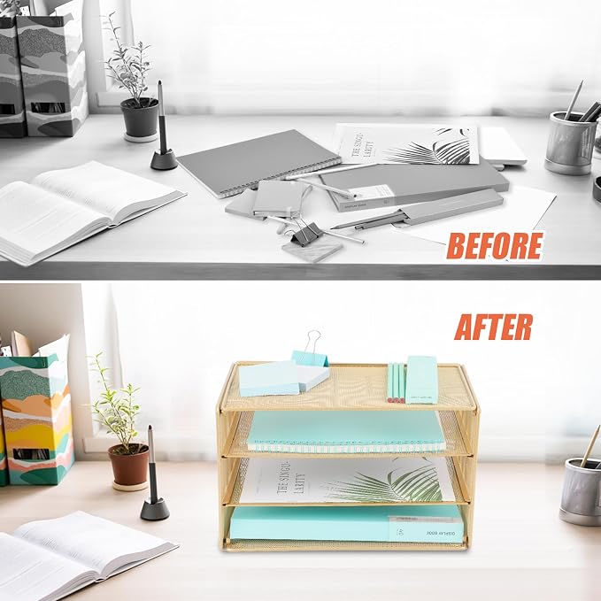 Paper Organizer Tray, 3 Tier Mesh Desk File Organizer Letter Sorter Holder for Home Office, Gold - Image 3